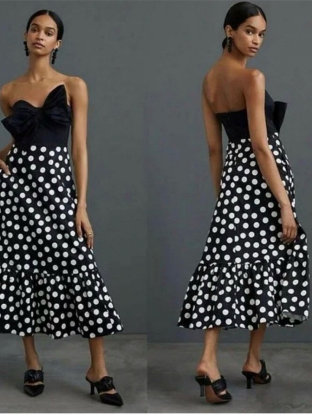 Anthropologie Hutch Strapless Black & White Polka Dot Midi Dress with Bow